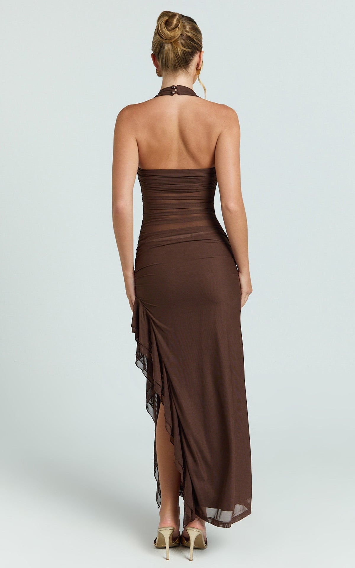 Almarie Midi Dress - Halter Neck Mesh Dress in Chocolate