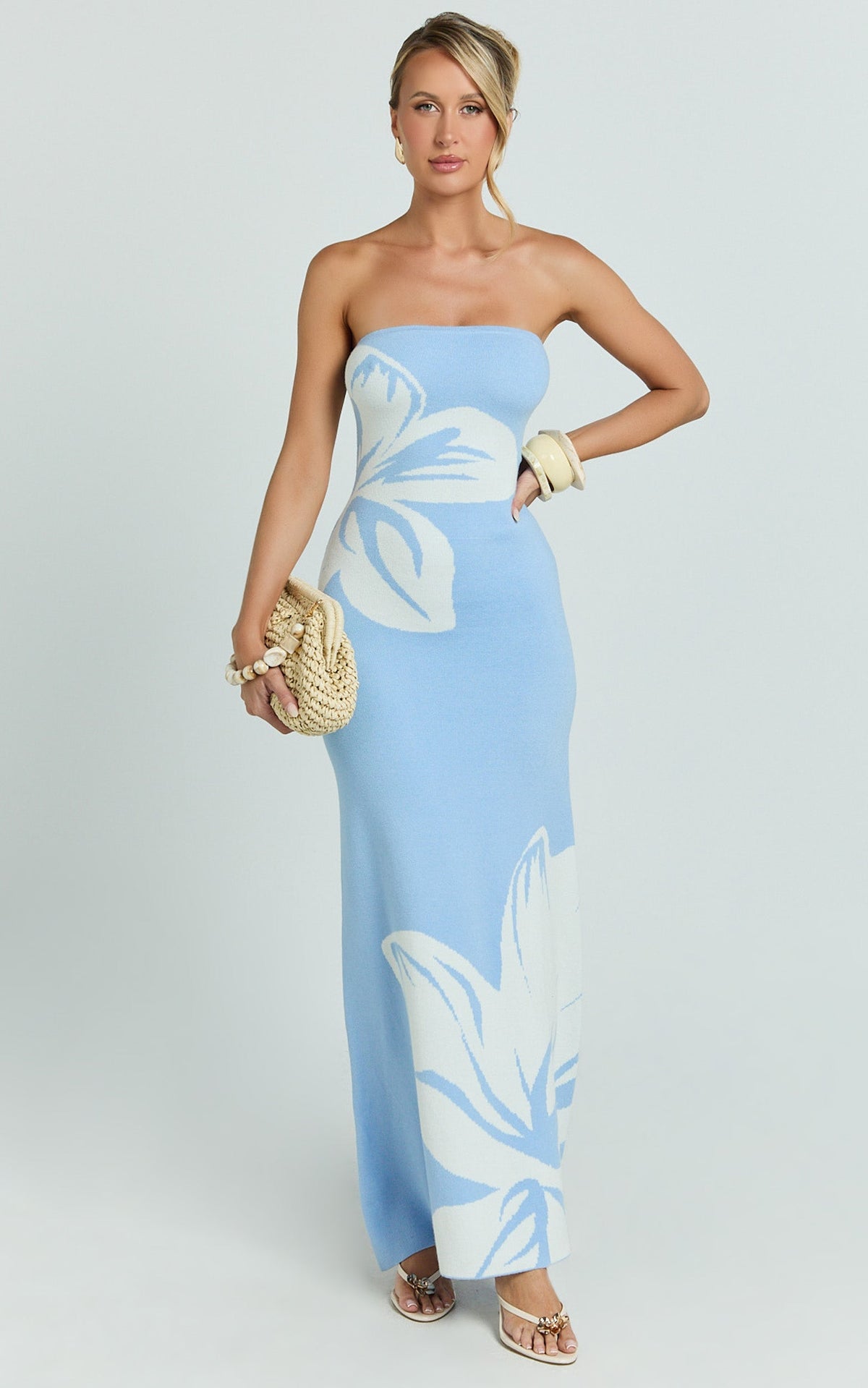 Amy Midi Dress - Knit Strapless Column Dress in Intarsia Print