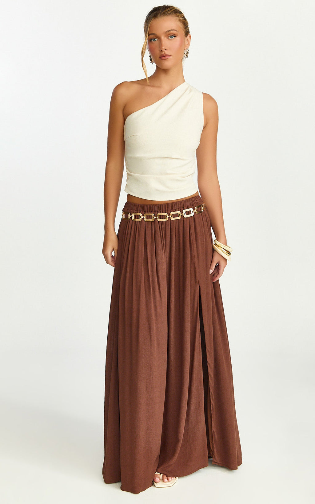 Anessa Maxi Skirt - Elastic Waist Maxi Skirt With Thigh Split in Mocha