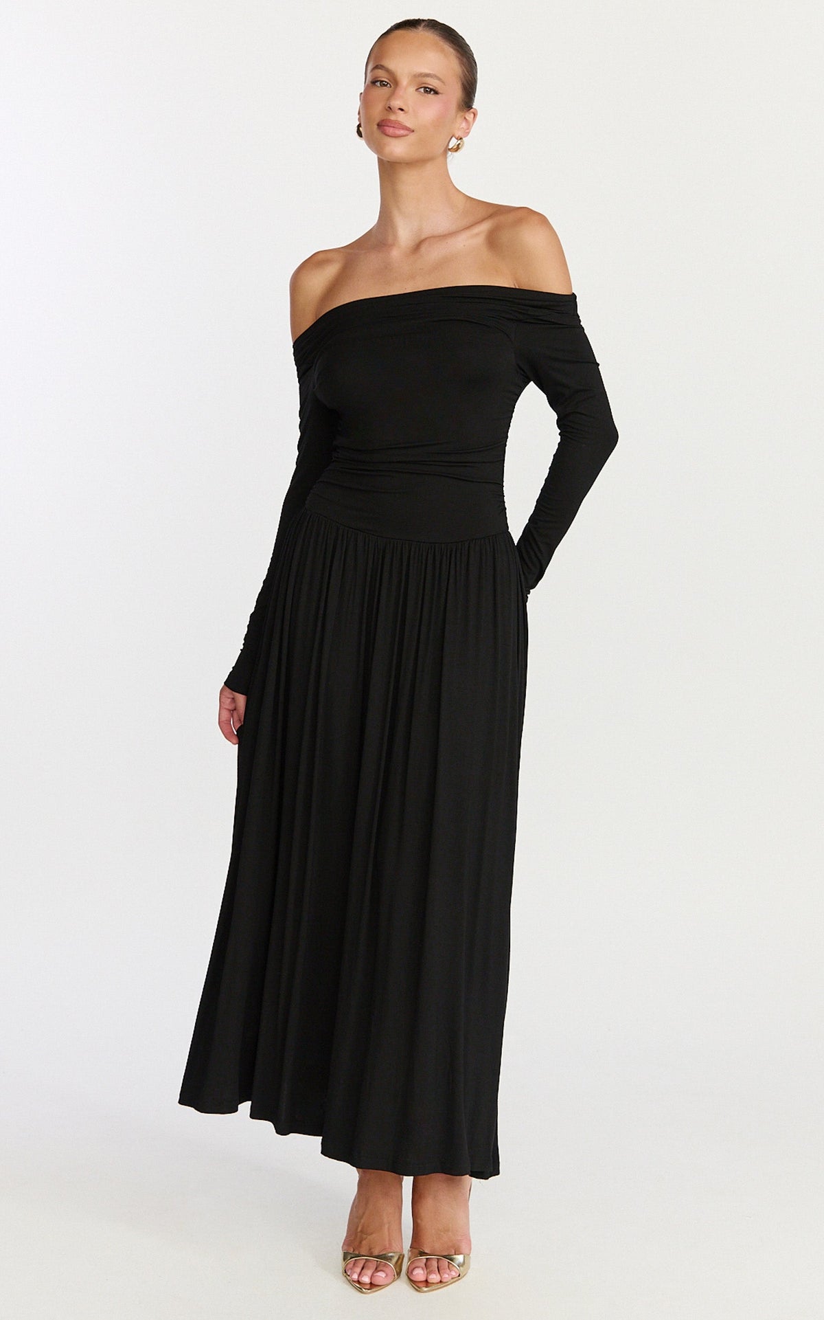 Antonia Midi Dress - Off The Shoulder Long Sleeve Dress in Black