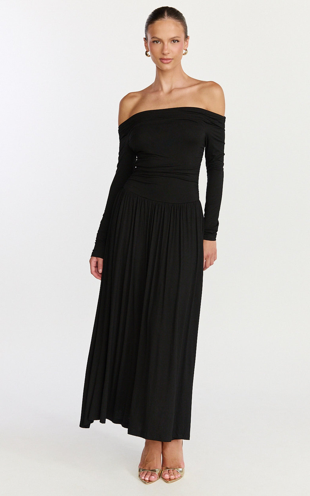 Antonia Midi Dress - Off The Shoulder Long Sleeve Dress in Black