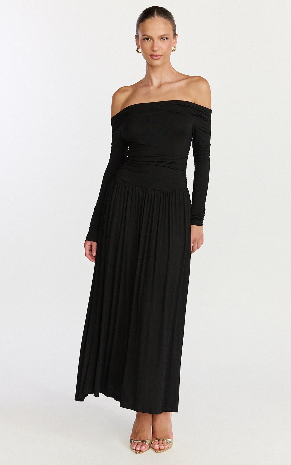 Antonia Midi Dress - Off The Shoulder Long Sleeve Dress in Black