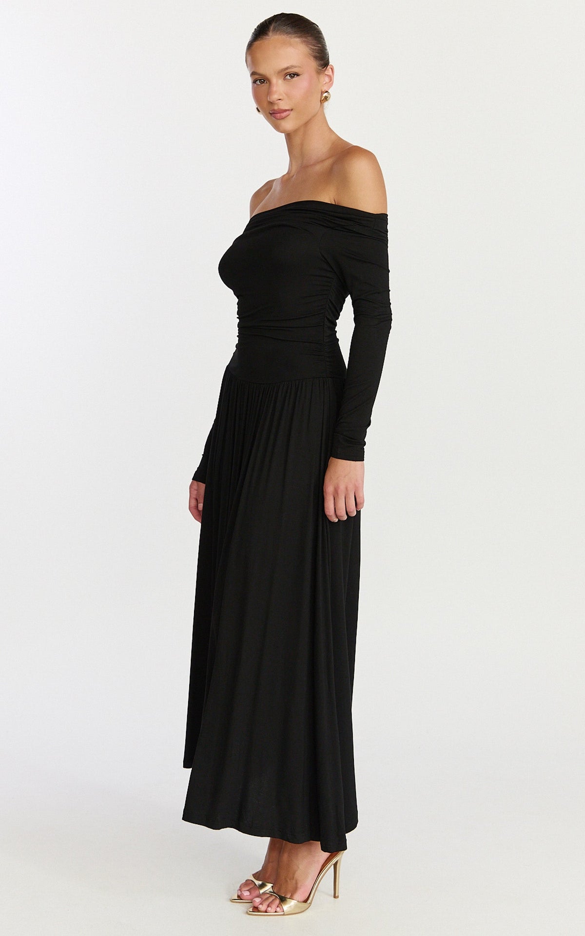 Antonia Midi Dress - Off The Shoulder Long Sleeve Dress in Black