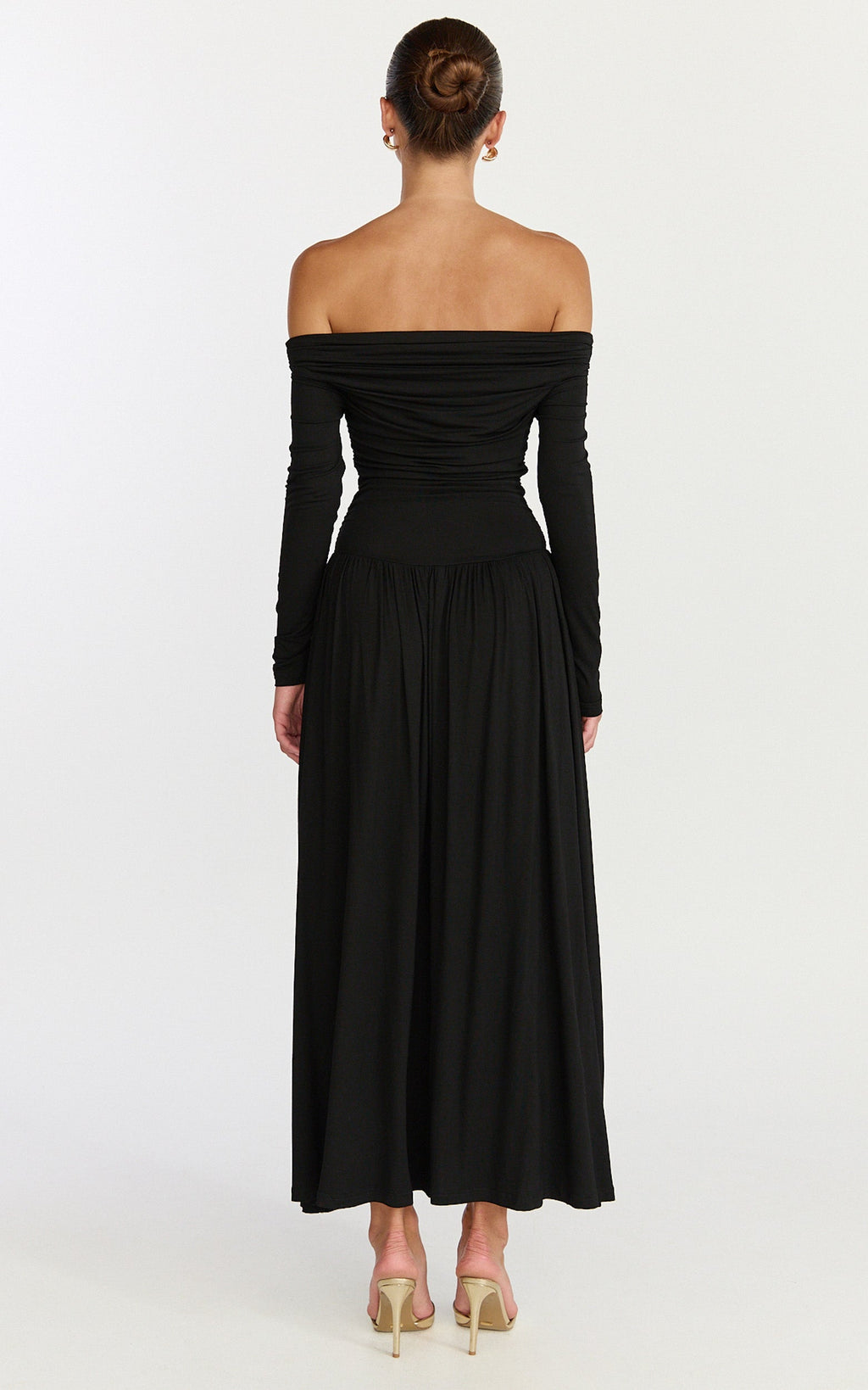 Antonia Midi Dress - Off The Shoulder Long Sleeve Dress in Black