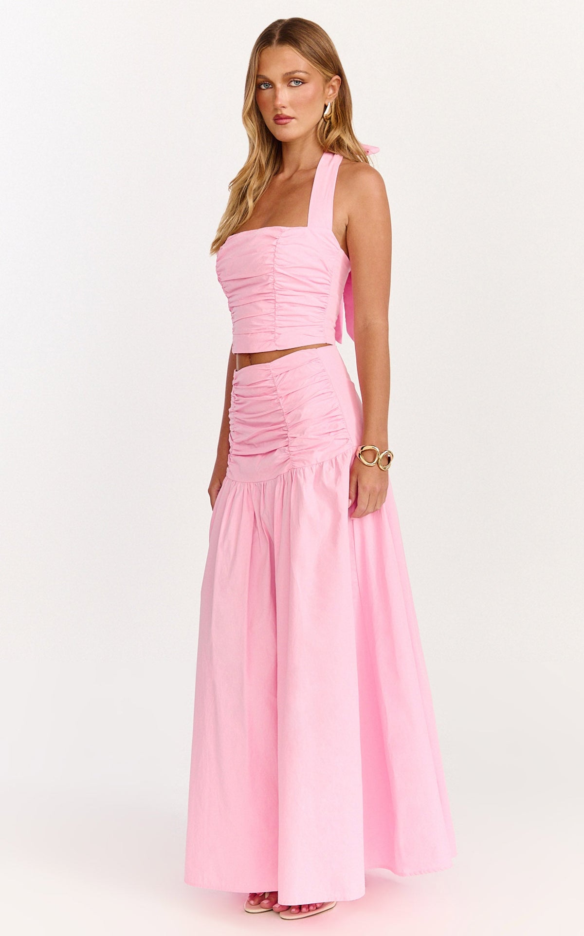 Anya Two Piece Top and Skirt Set - Gathered Halted Neck Top And High Waist  Maxi Skirt in Pink