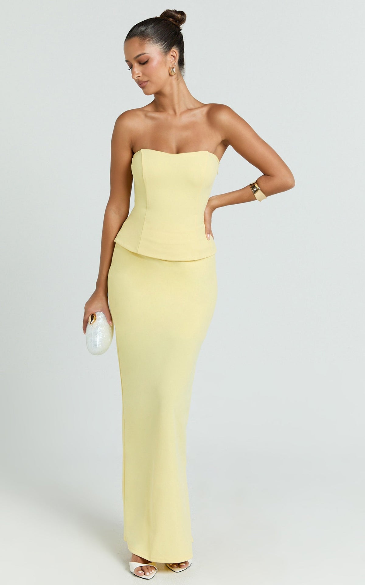Anya Two Piece Top and Skirt Set - Strapless Fit And Flare Top And Maxi Skirt in Lemon