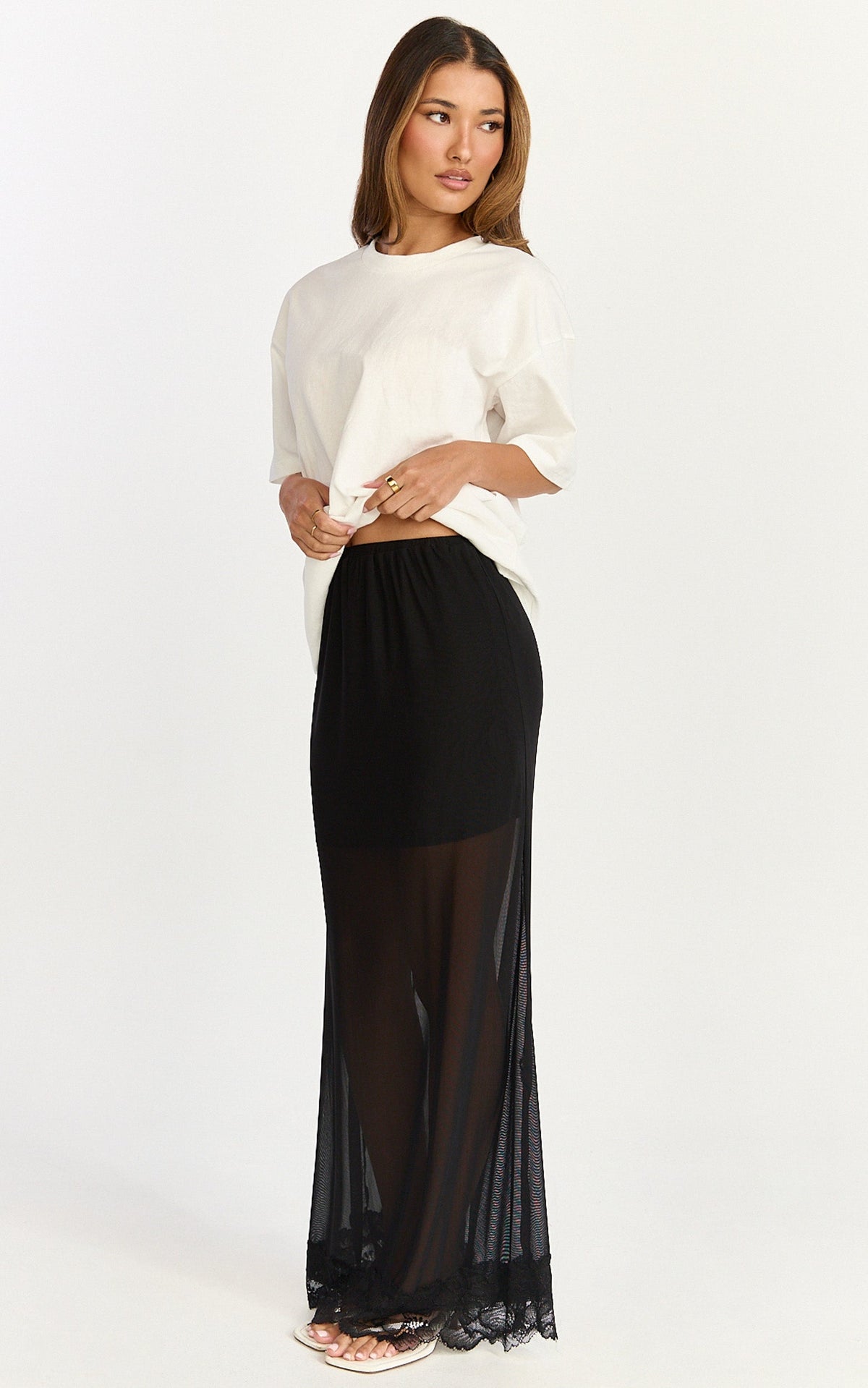 Arabella Maxi Skirt - Sheer with Lace Trim Skirt in Black