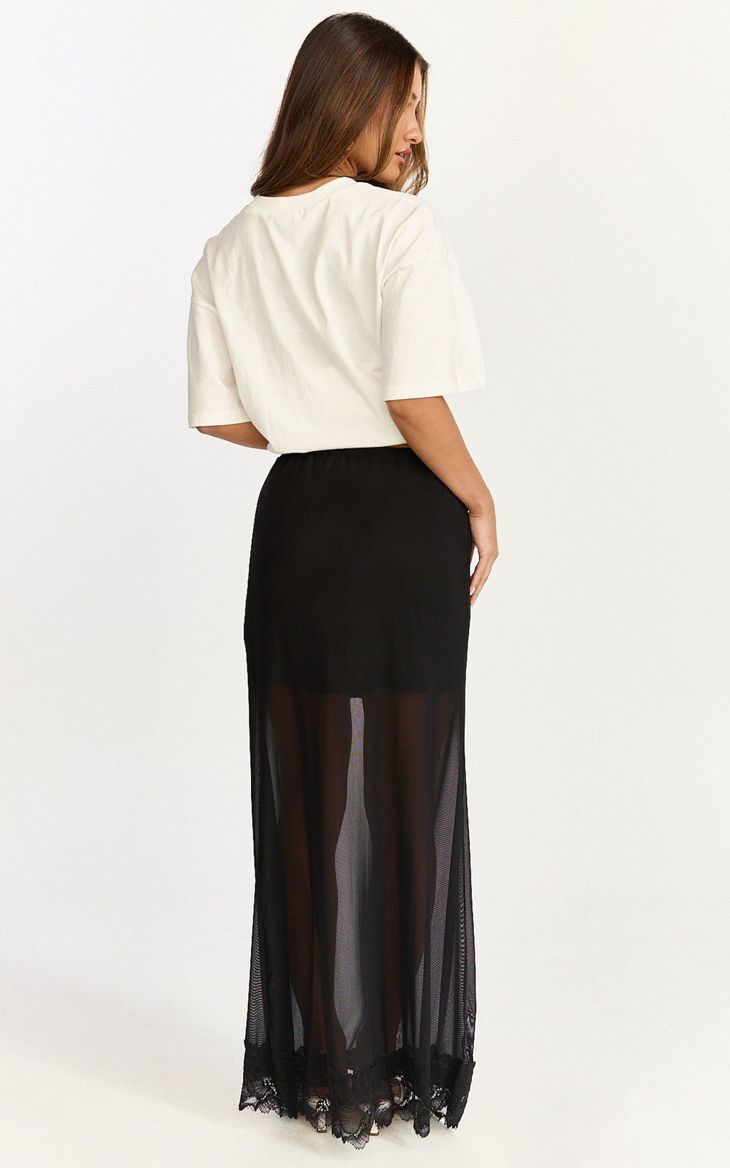 Arabella Maxi Skirt - Sheer with Lace Trim Skirt in Black
