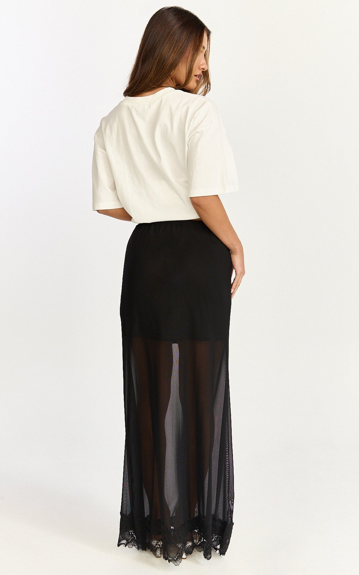 Arabella Maxi Skirt - Sheer with Lace Trim Skirt in Black