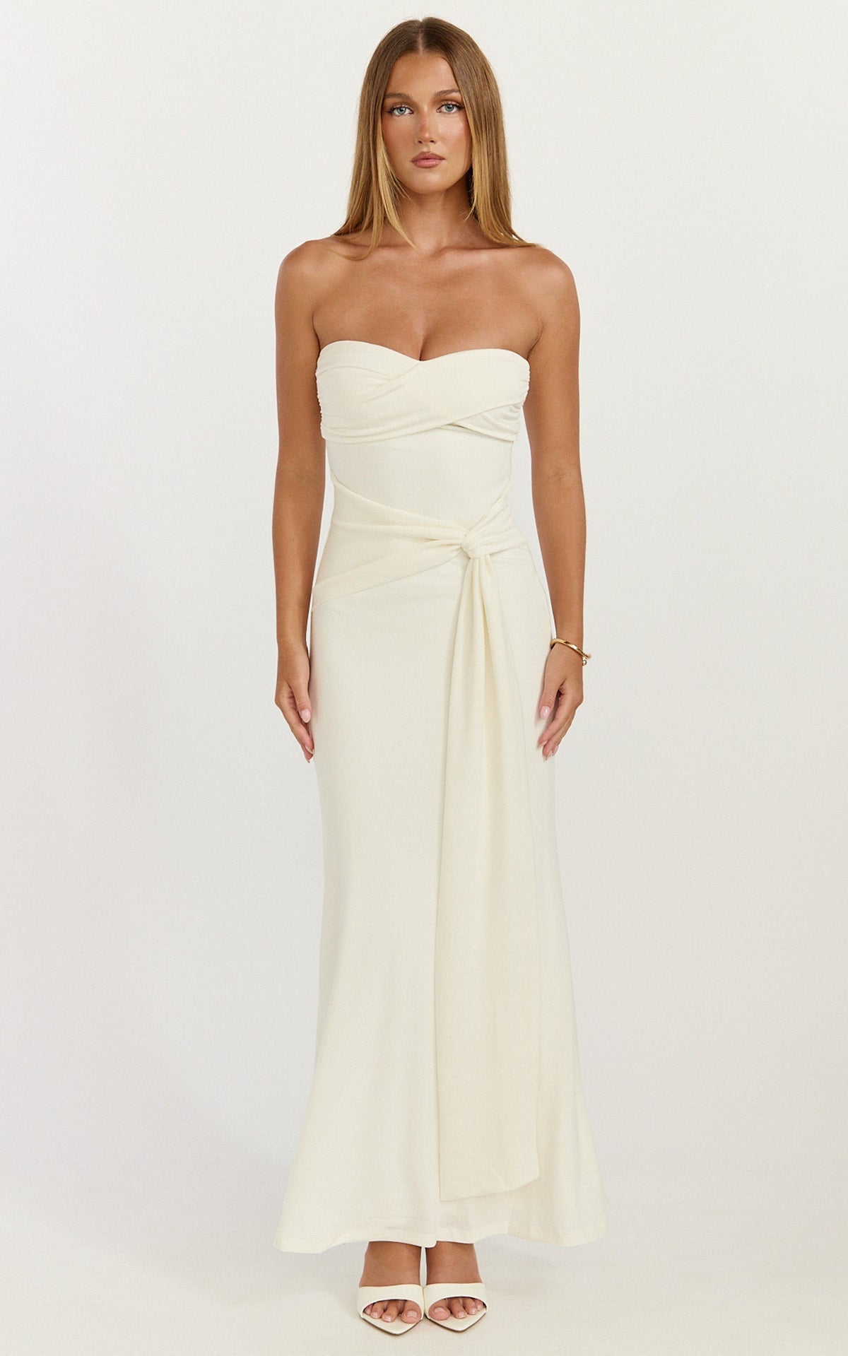 Aria Midi Dress - Strapless Tie Waist Dress in Off White