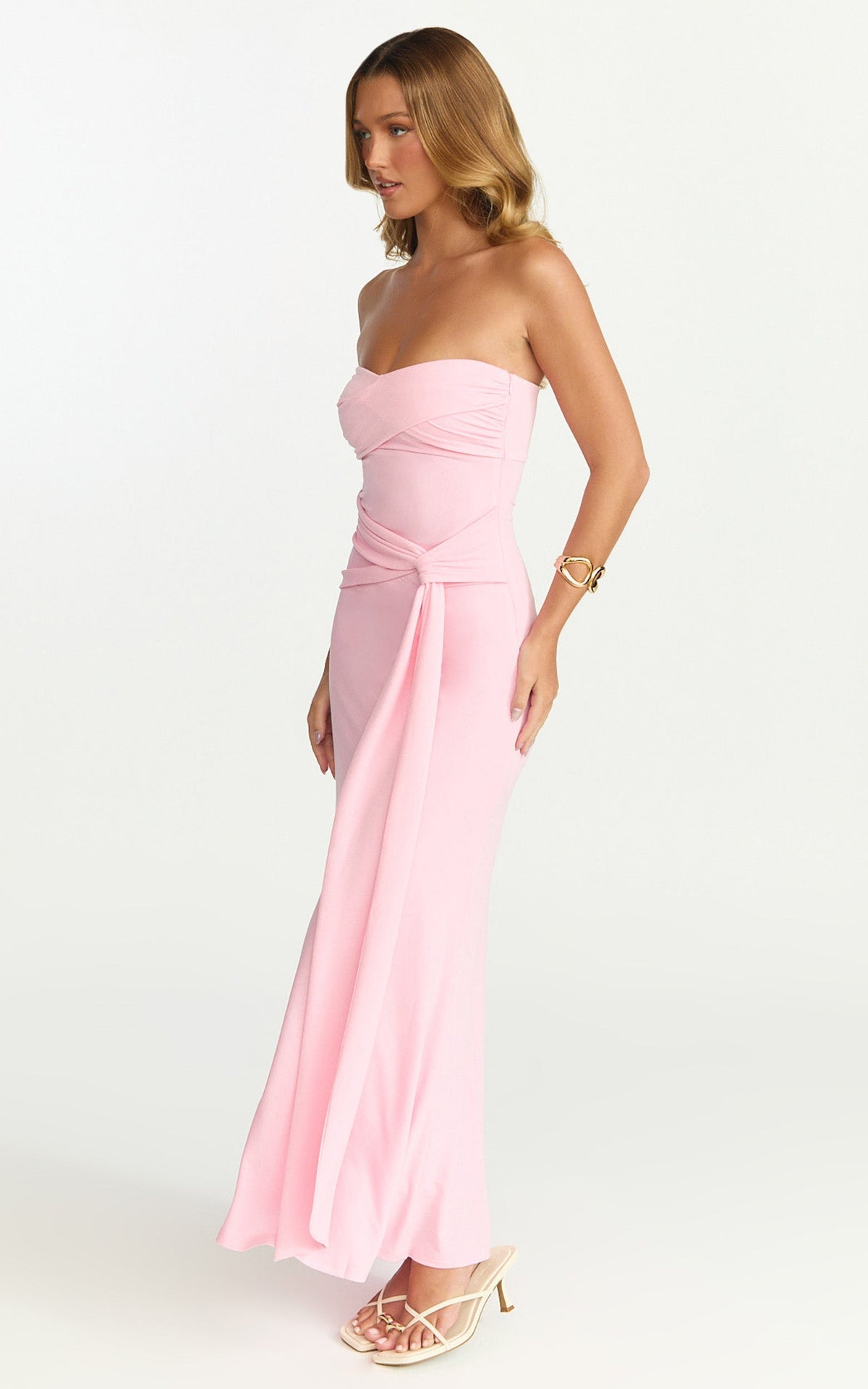 Aria Midi Dress - Strapless Tie Waist Dress in Pink