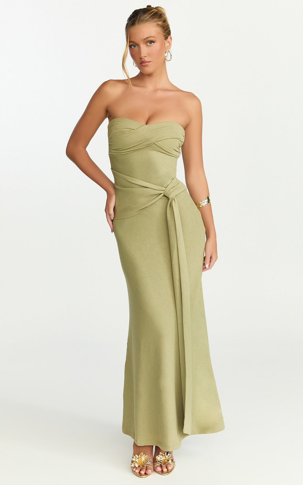 Aria Midi Dress - Strapless Tie Waist Dress in Sage