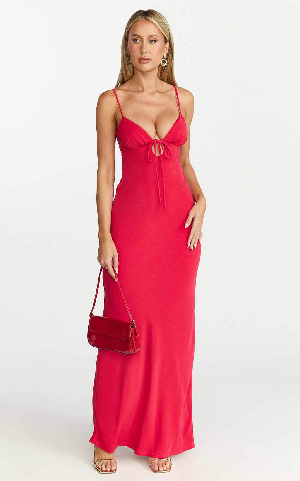 Arlette Midi Dress - Strappy V Neck Under Bust Gathered Tie Front Bias Slip Skirt Dress in Red