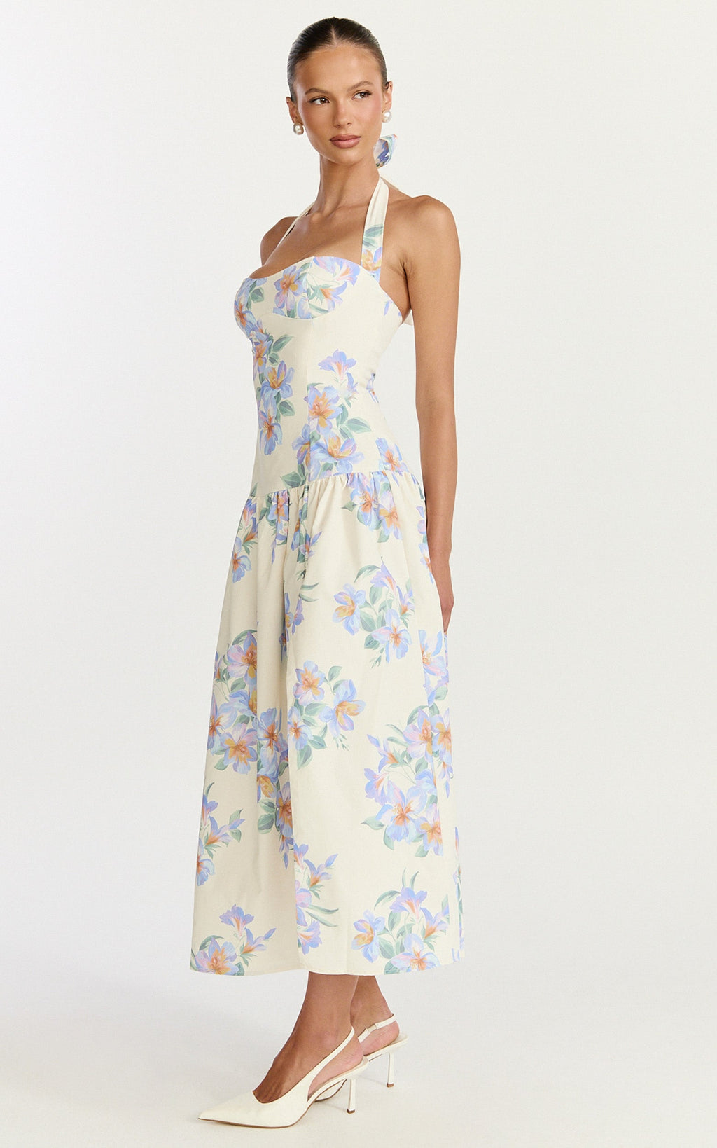 Astra Midi Dress - Halter Neck Drop Waist Dress in Astra Posey Floral Print