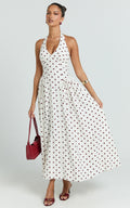 Athena Midi Dress - Halter Drop Waist Dress in Red Polka Dot