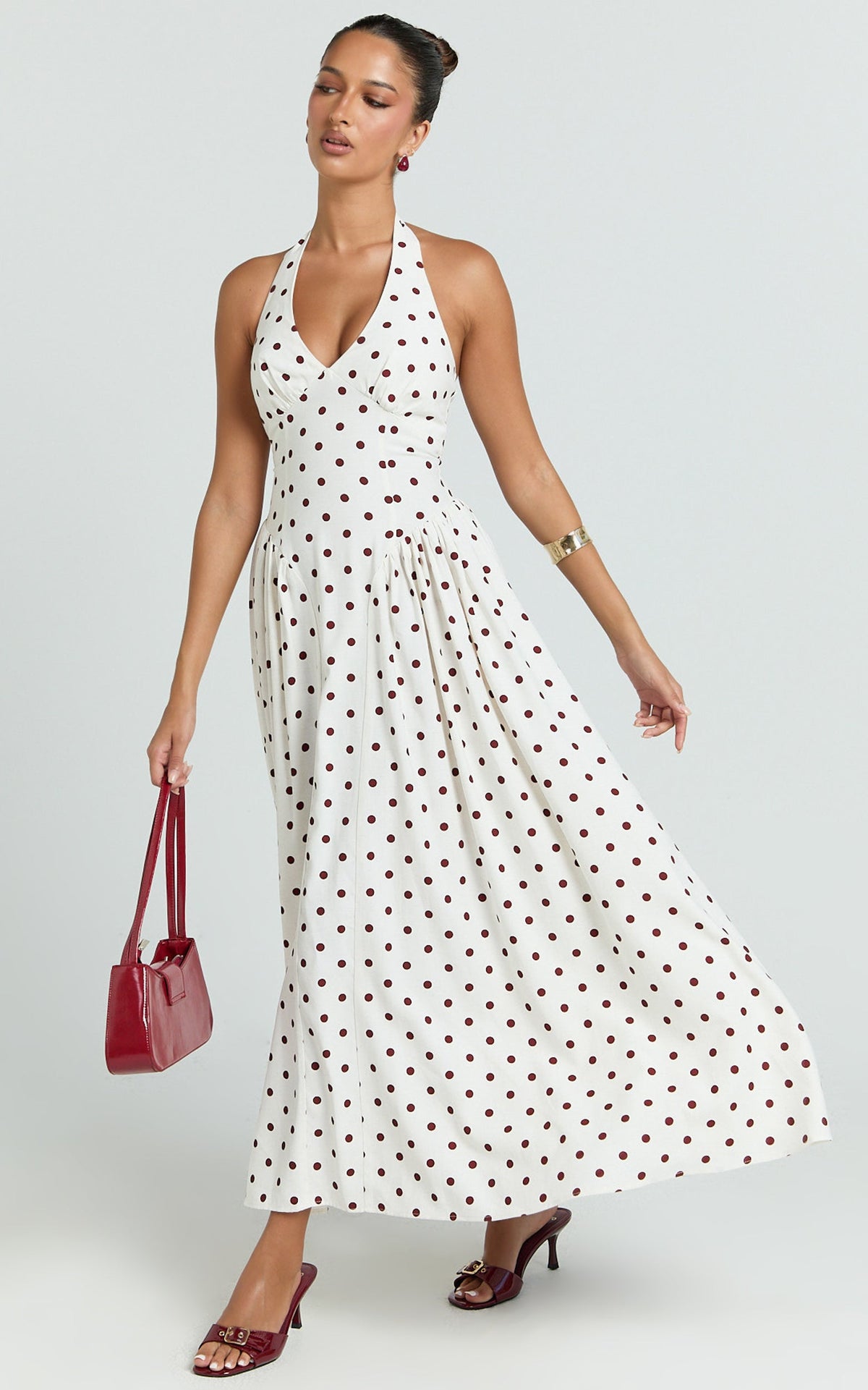 Athena Midi Dress - Halter Drop Waist Dress in Red Polka Dot