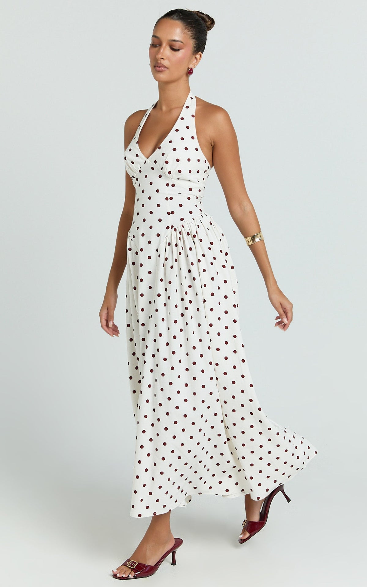 Athena Midi Dress - Halter Drop Waist Dress in Red Polka Dot
