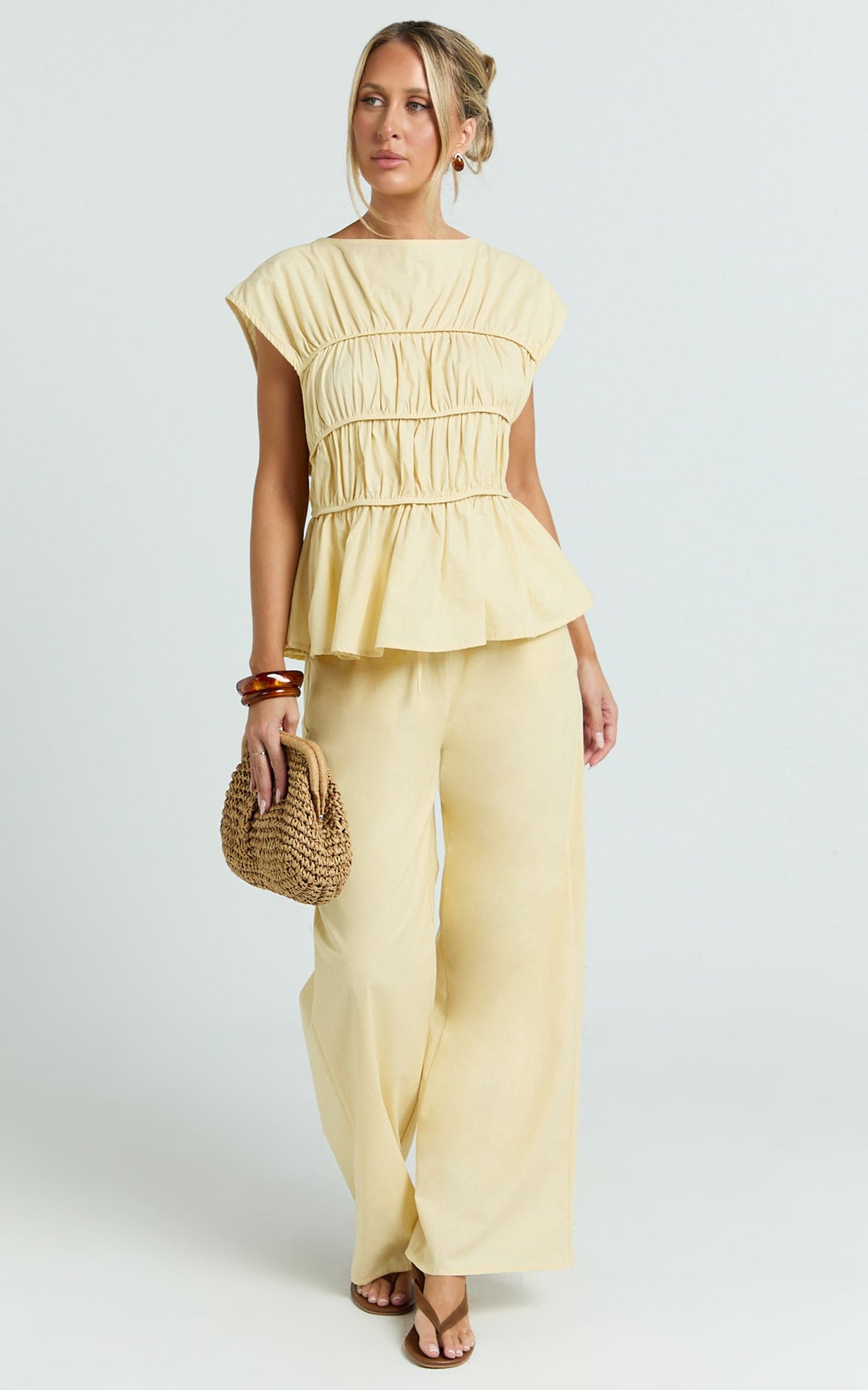 Auric Two Piece Set - Ruched Detail Top and Wide Leg Pants Set in Lemon
