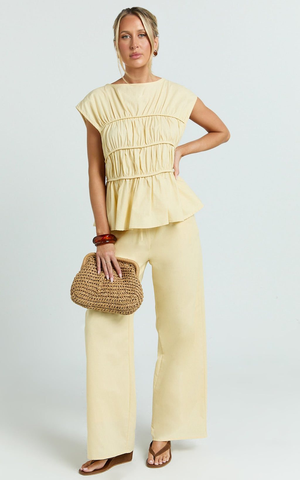 Auric Two Piece Set - Ruched Detail Top and Wide Leg Pants Set in Lemon