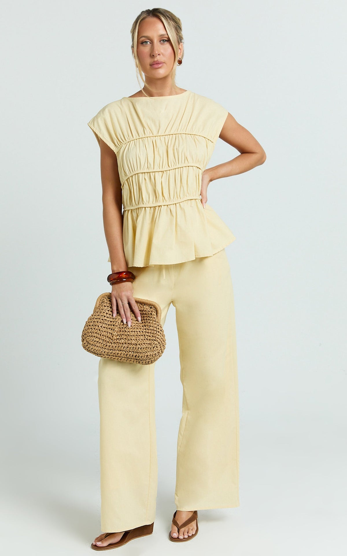 Auric Two Piece Set - Ruched Detail Top and Wide Leg Pants Set in Lemon