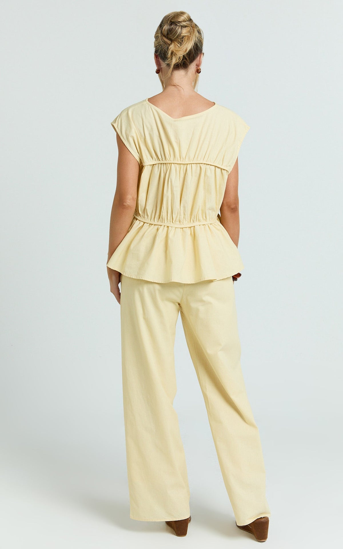 Auric Two Piece Set - Ruched Detail Top and Wide Leg Pants Set in Lemon