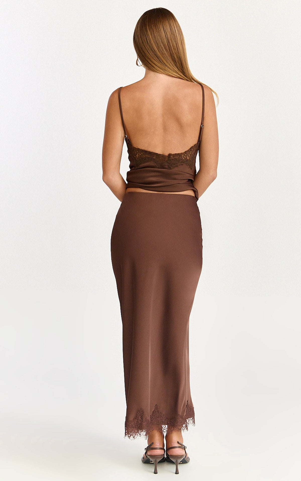 Ava Midi Skirt - Mid Waist Lace Trim Slip Skirt in Chocolate