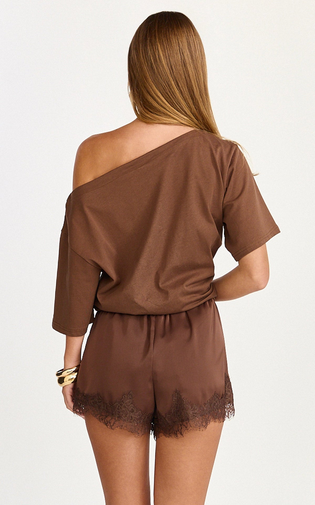 Ava Shorts - Lace Trim Elasticated Waist Shorts in Chocolate
