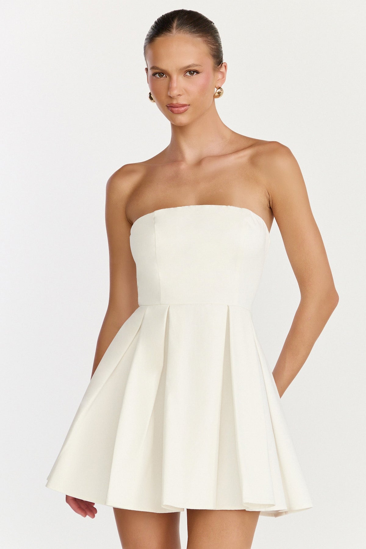 Avery Mini Dress - Strapless Fitted Bodice Full Pleated Skirt Dress in Off White