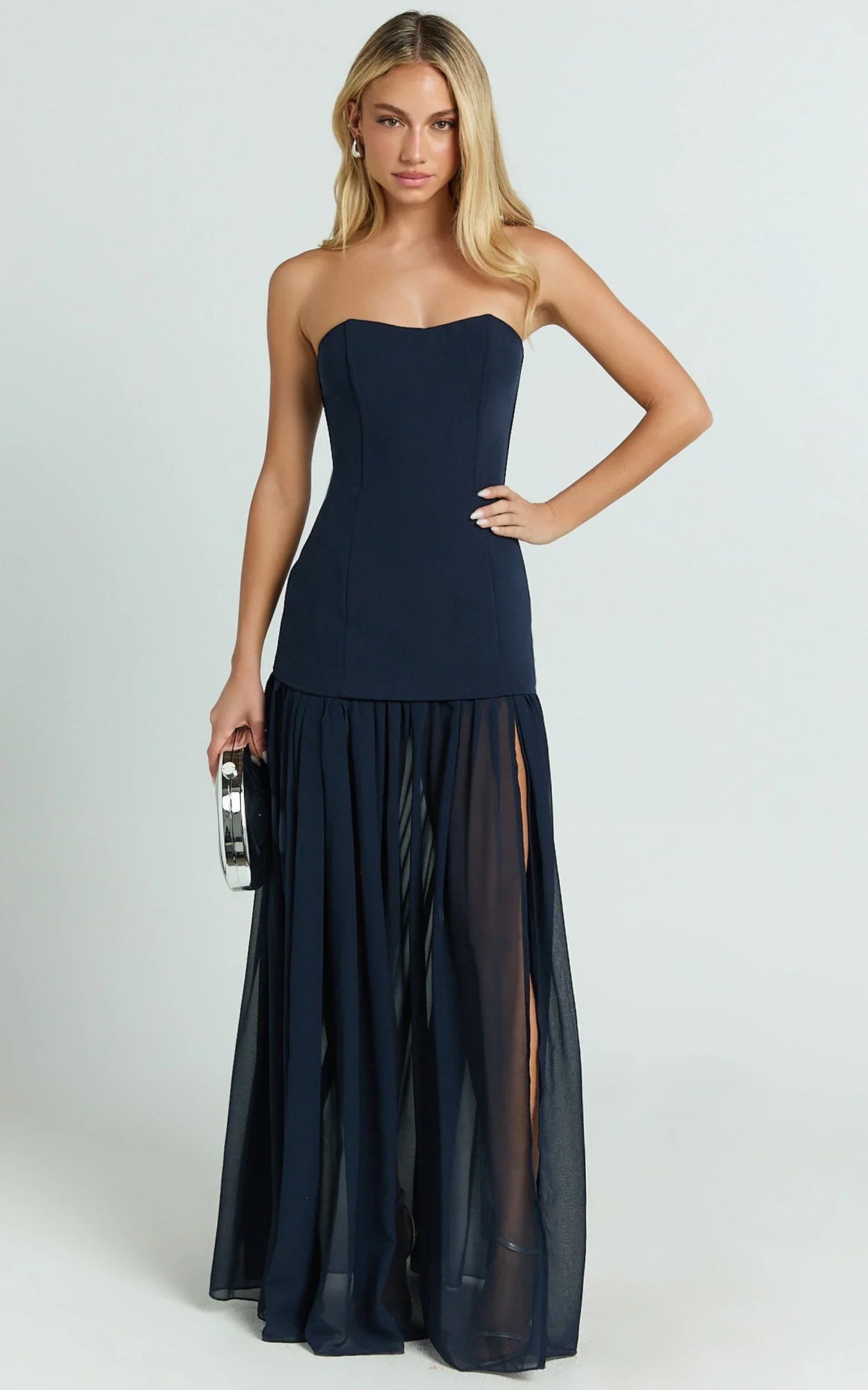 Jocelyn Maxi Dress - Strapless Ruched Fit And Flare Dress in Navy