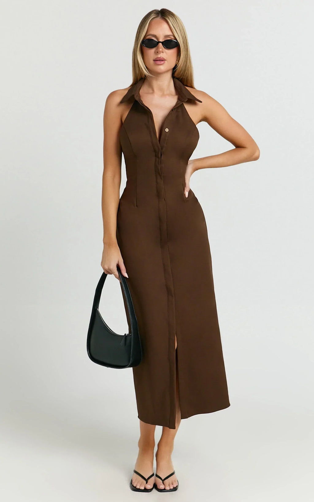 Lillibelle Midi Dress - Collared Button Down Bodycon Dress in Chocolate