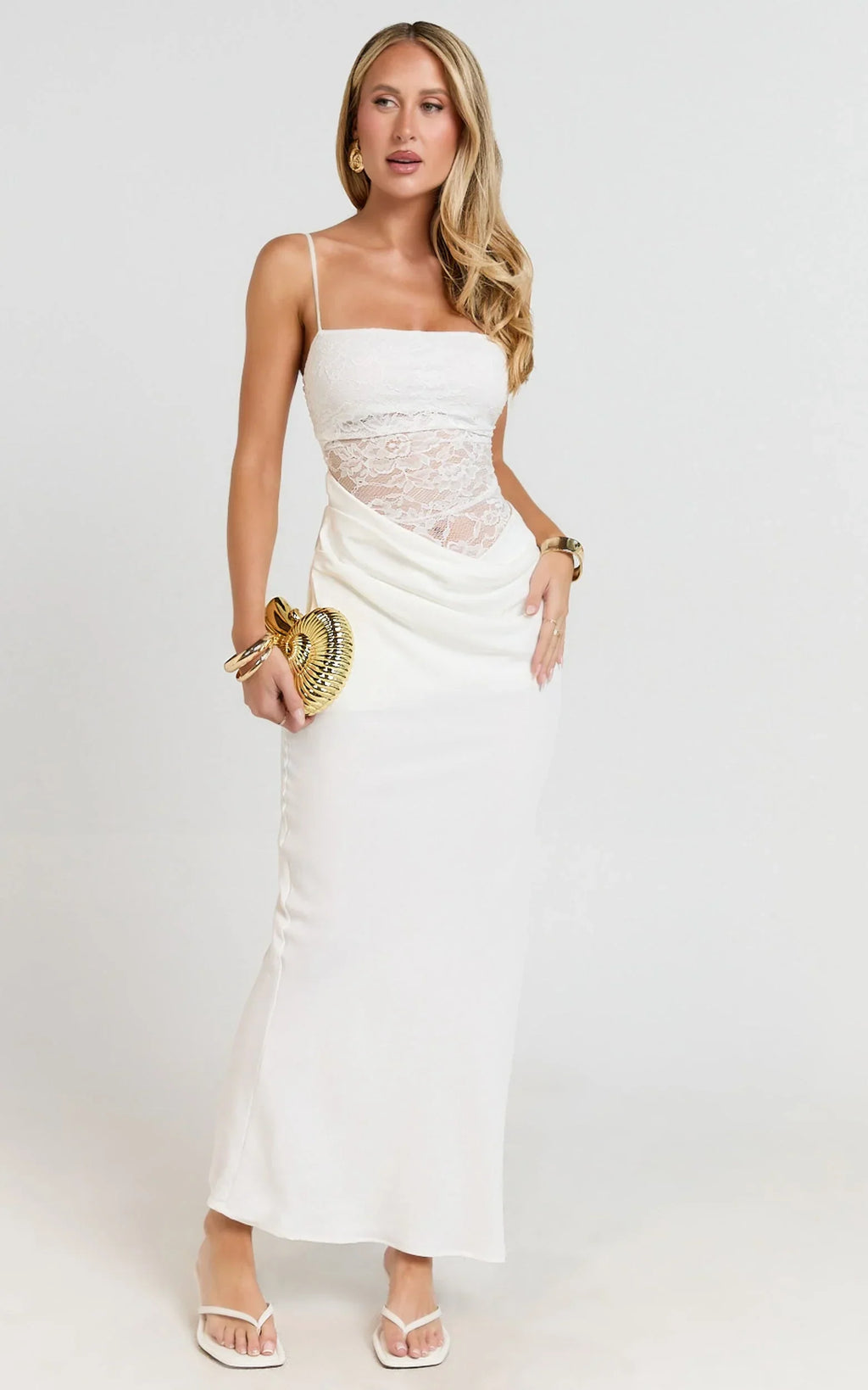 Rania Maxi Dress - Contrast Lace Bodice Bias Cowl Drop Waist Dress in Cream