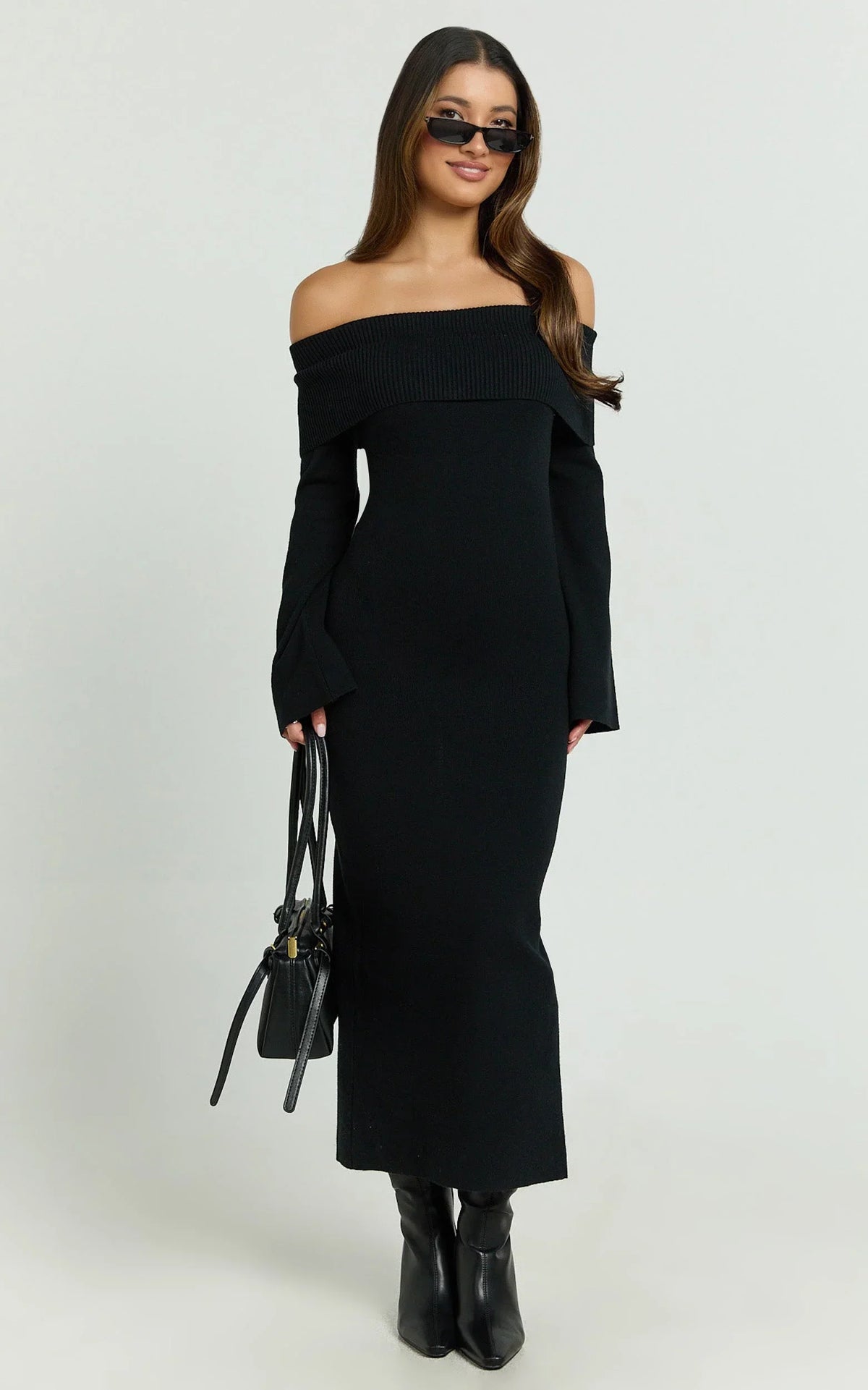 Maisie Midi Dress - Off Shoulder Long Sleeve Fitted Column Knit Dress in Black