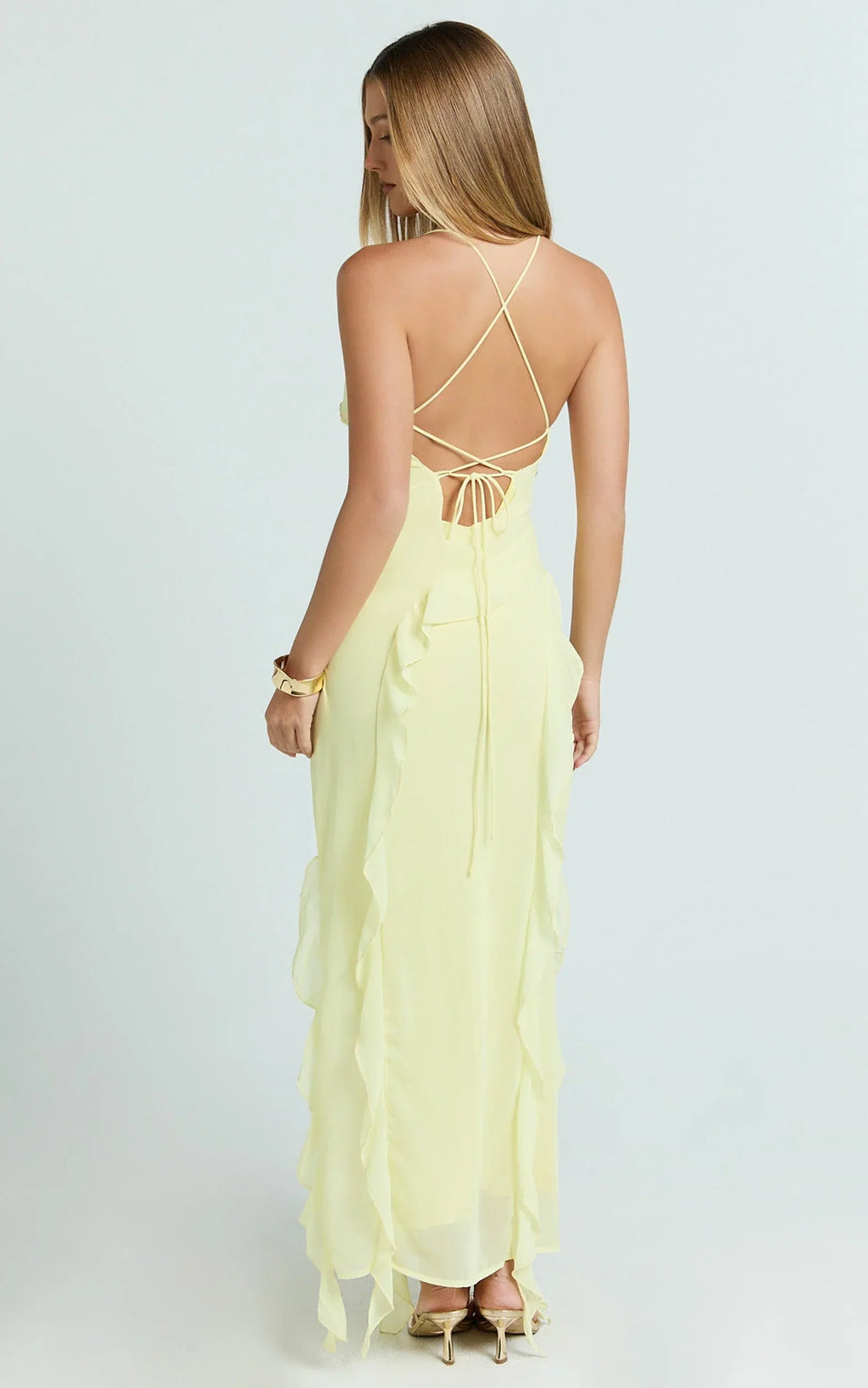 Connie Midi Dress - Ruffle Detail Dress in Lemon