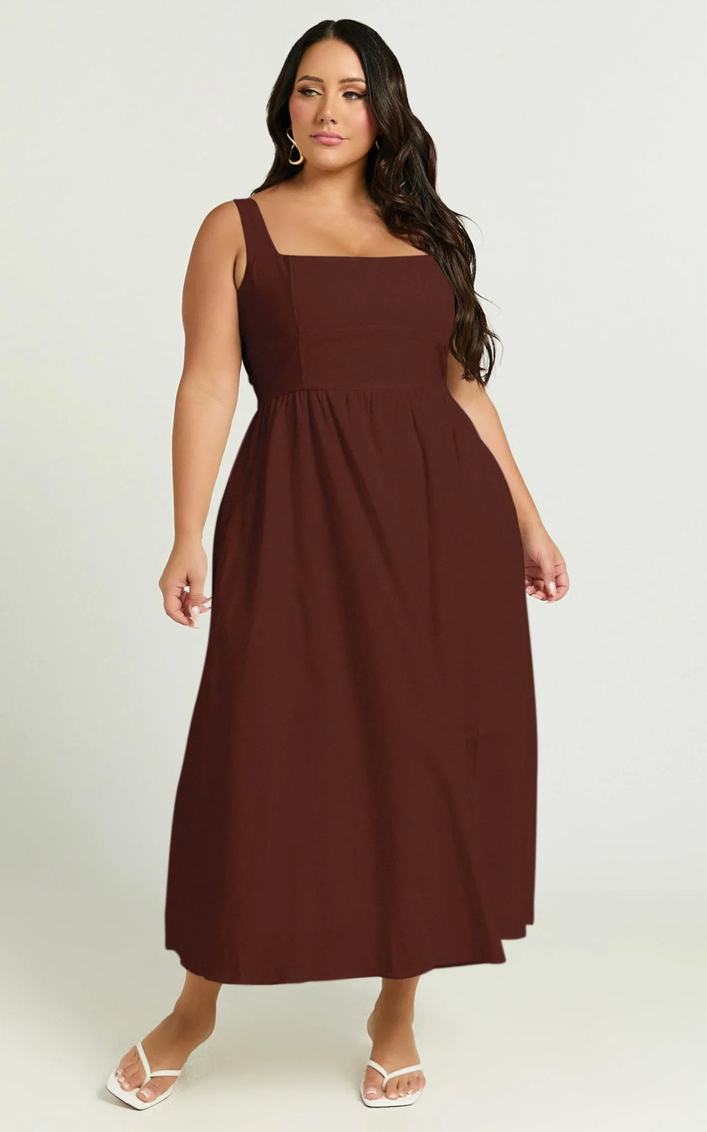 Khari Midi Dress - Linen Look Square A Line Dress in Chocolate