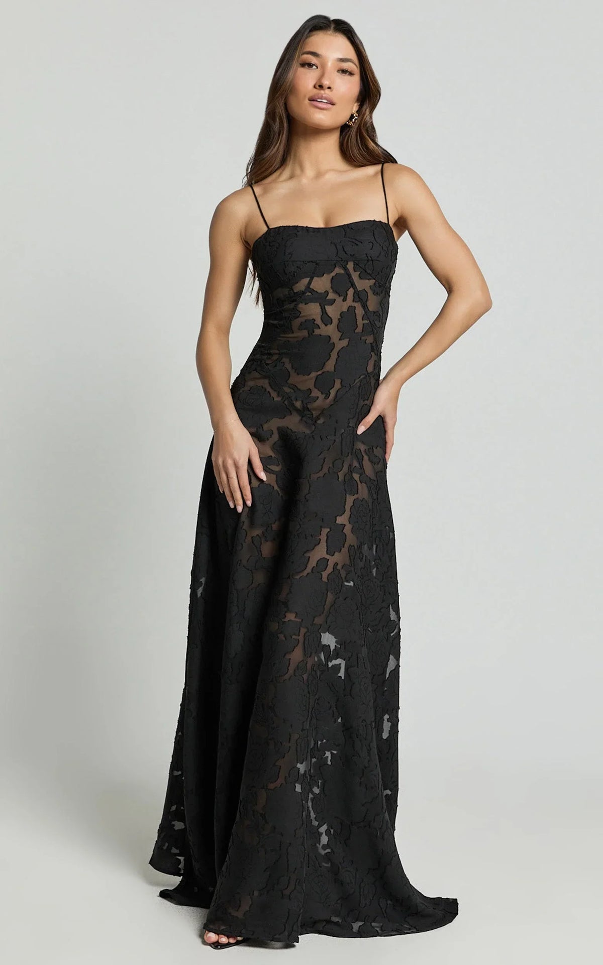 Lily Maxi Dress - Sheer Jacquard Maxi Dress in Black