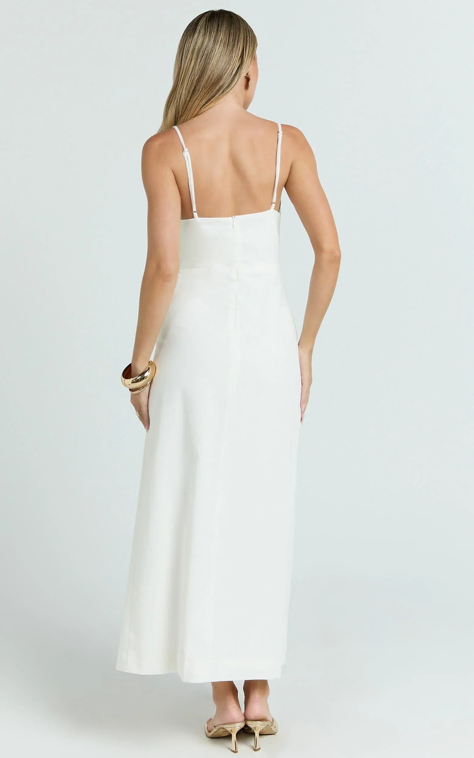 Estelle Midi Dress - Beaded Scallop Neck Split Leg Dress in Off White