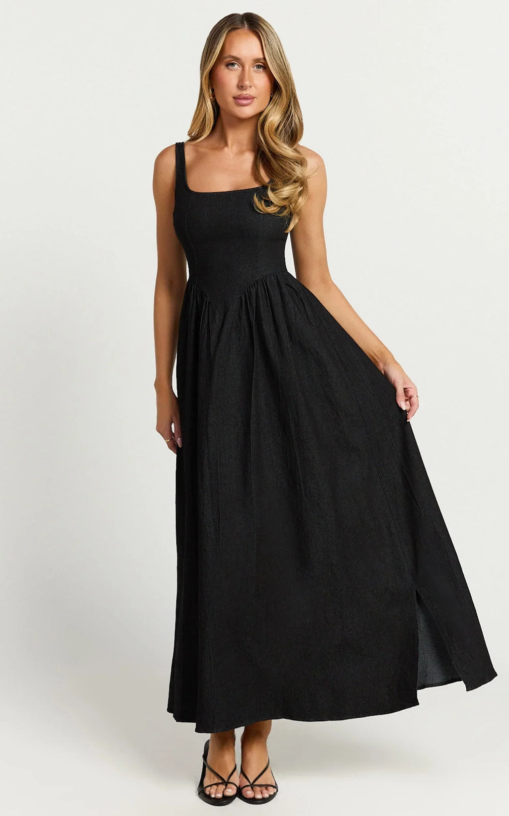 Rhaziya Midi Dress - Sleeveless Straight Neck Fit and Flare Dress in Black