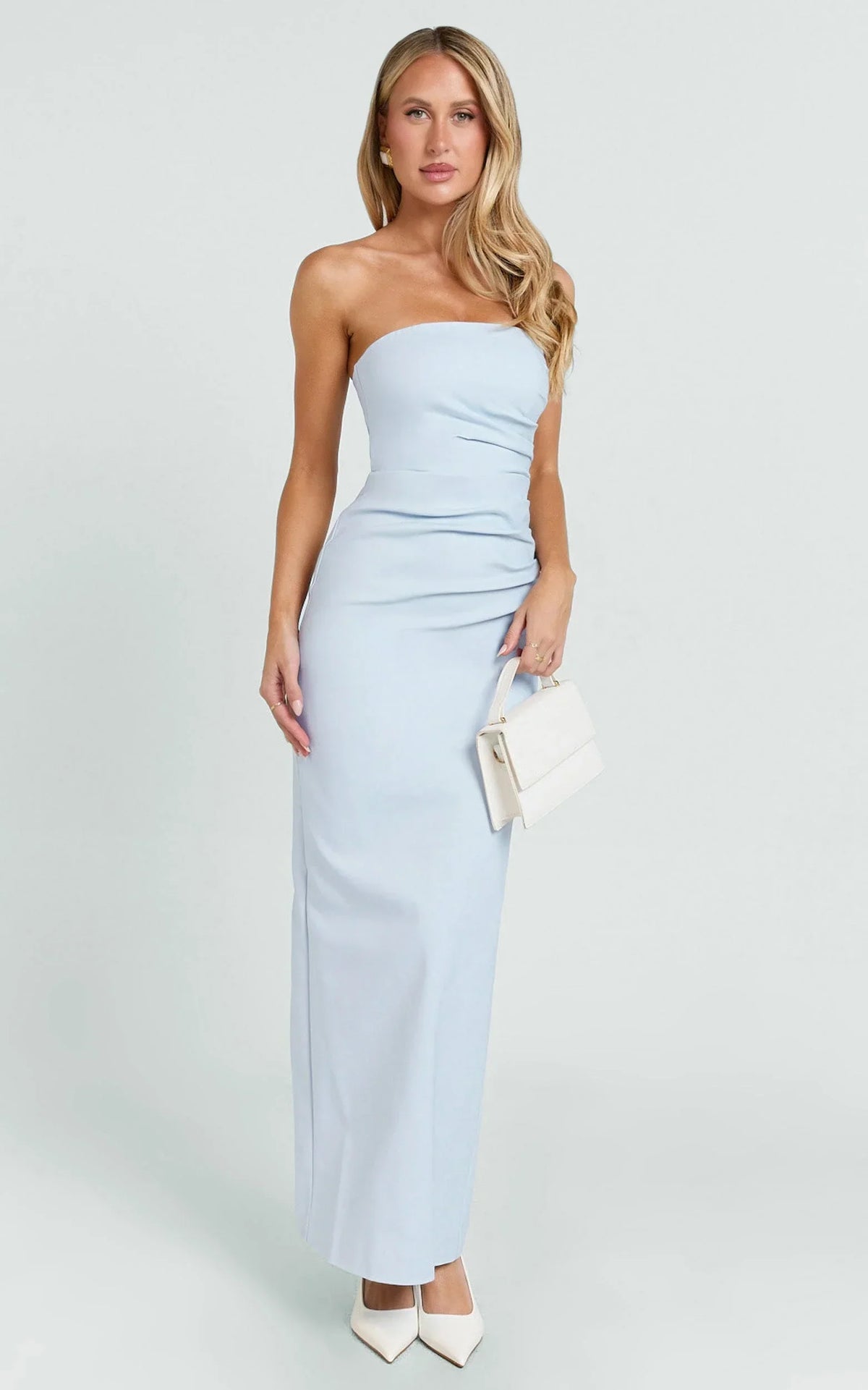 Jamie Midi Dress - Strapless Ruched Fitted Column Dress in Blue