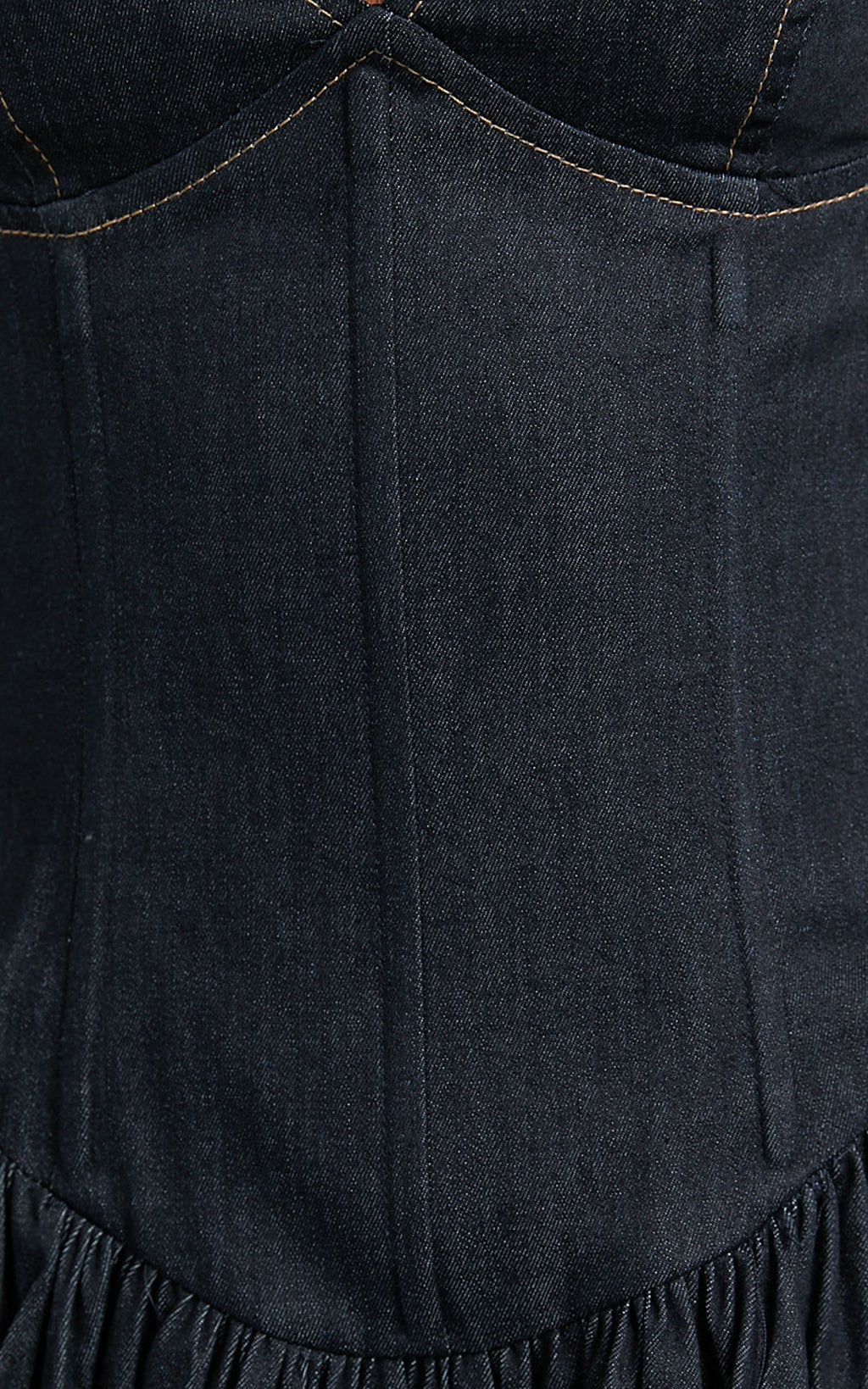 Betchie Mini Dress - Neck Strappy Drop Waist Gathered Skirt Denim Dress in Dark Raw Denim