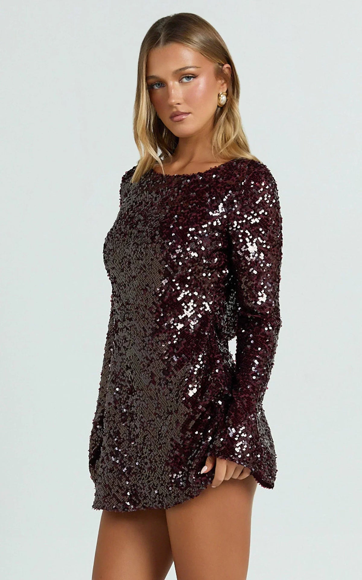 Bertina Mini Dress - Sequin Scoop Neck Low Back Dress in Wine