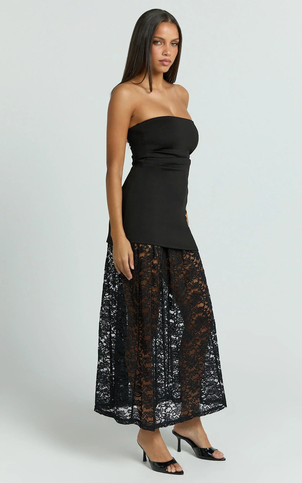Mila Midi Dress - Strapless Dropped Waist Dress in Black