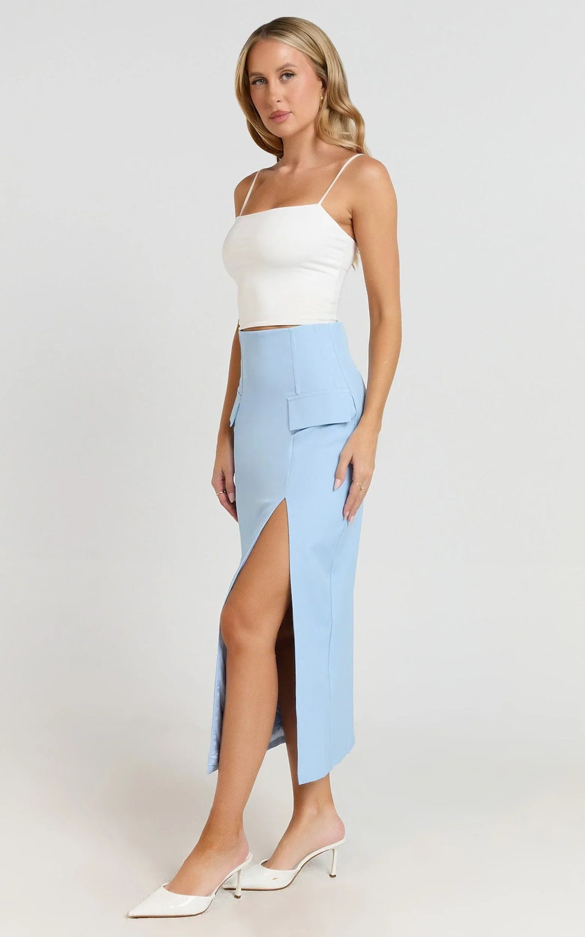Davie Midi Skirt - High Waist Split Front Skirt in Ice Blue