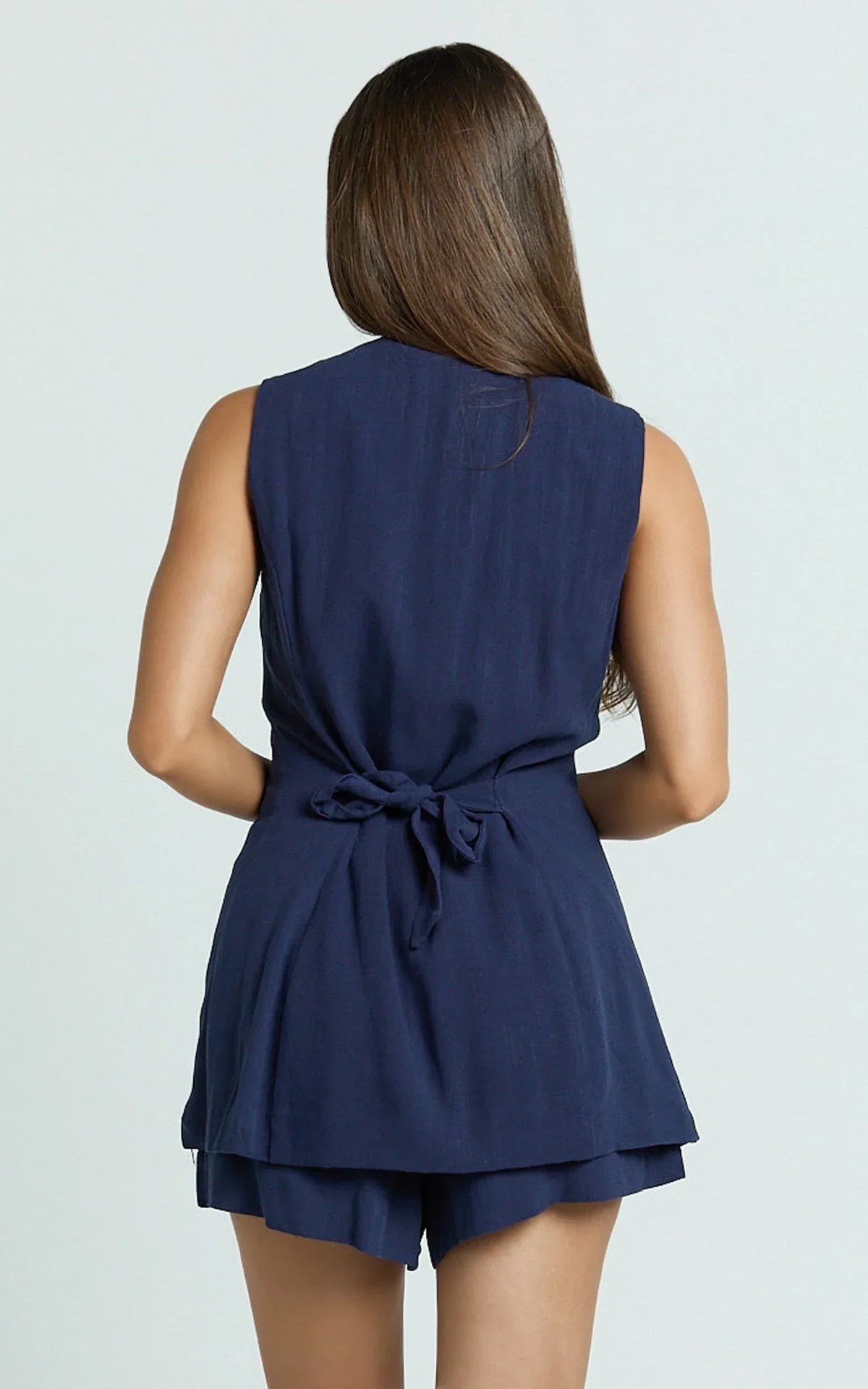Olivia Top - Longline Linen V Neck Back Tie Vest Top in Navy