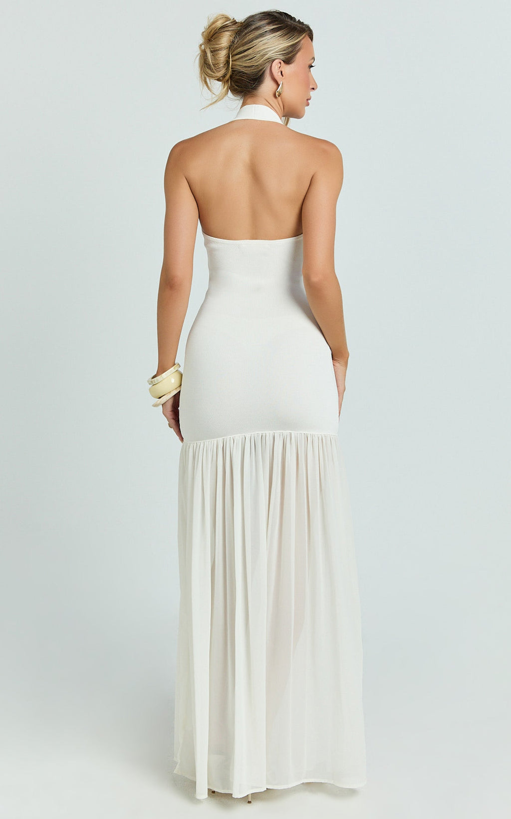 Barbara Maxi Dress - Halter Scoop Neck Contrast Georgette Dress in Ivory
