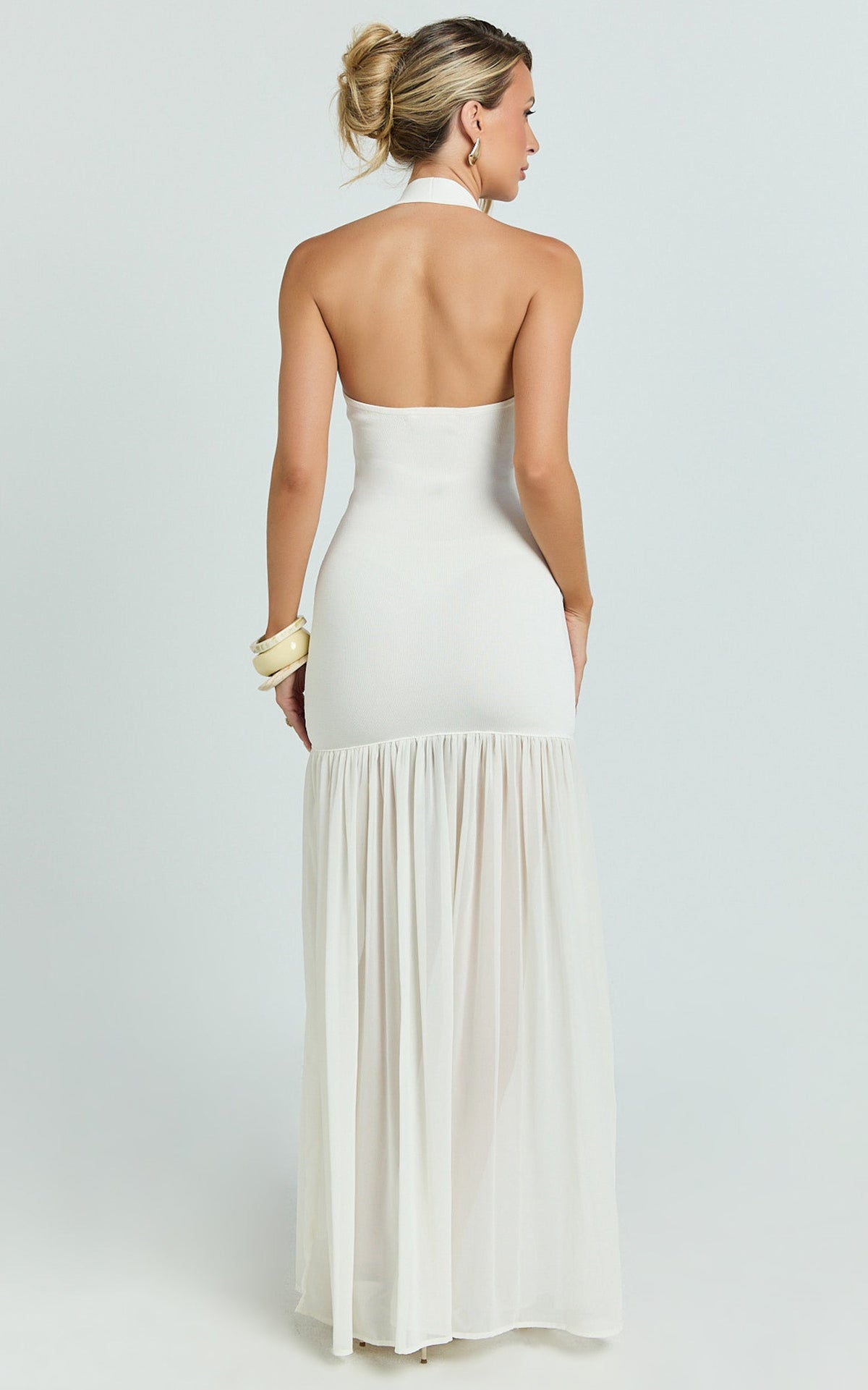 Barbara Maxi Dress - Halter Scoop Neck Contrast Georgette Dress in Ivory