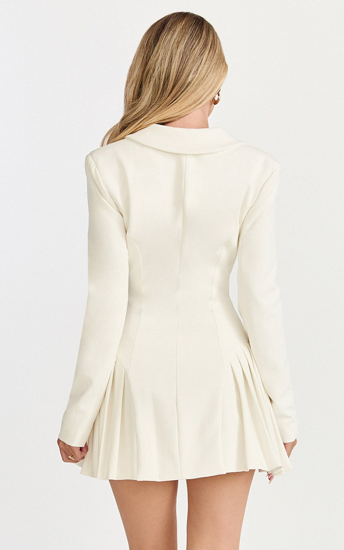 Bea Mini Dress - Collared Long Sleeve Fit And Flare Pleated Dress in Cream