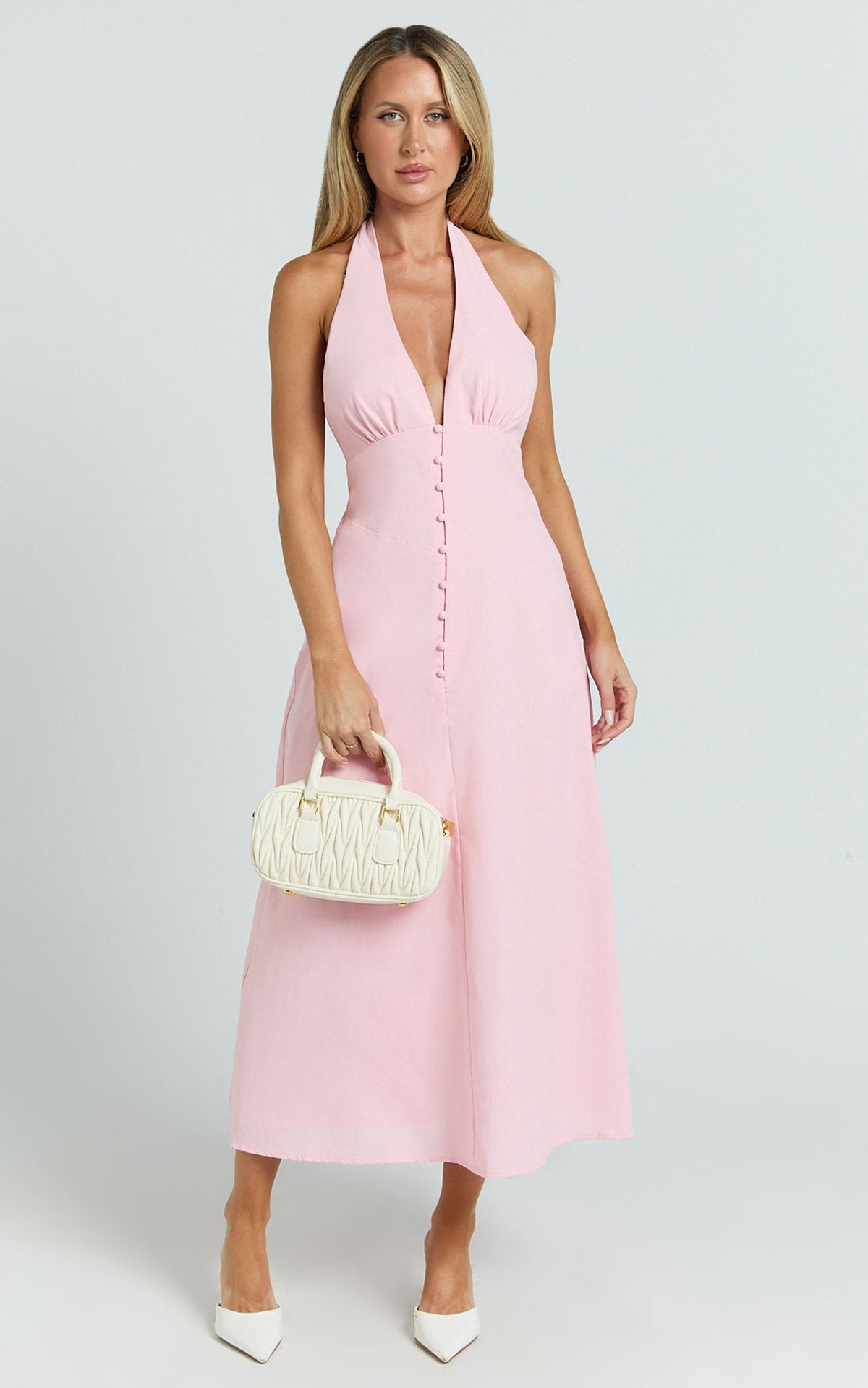 Beata Midi Dress - Plunge Halter A Line Dress in Pink