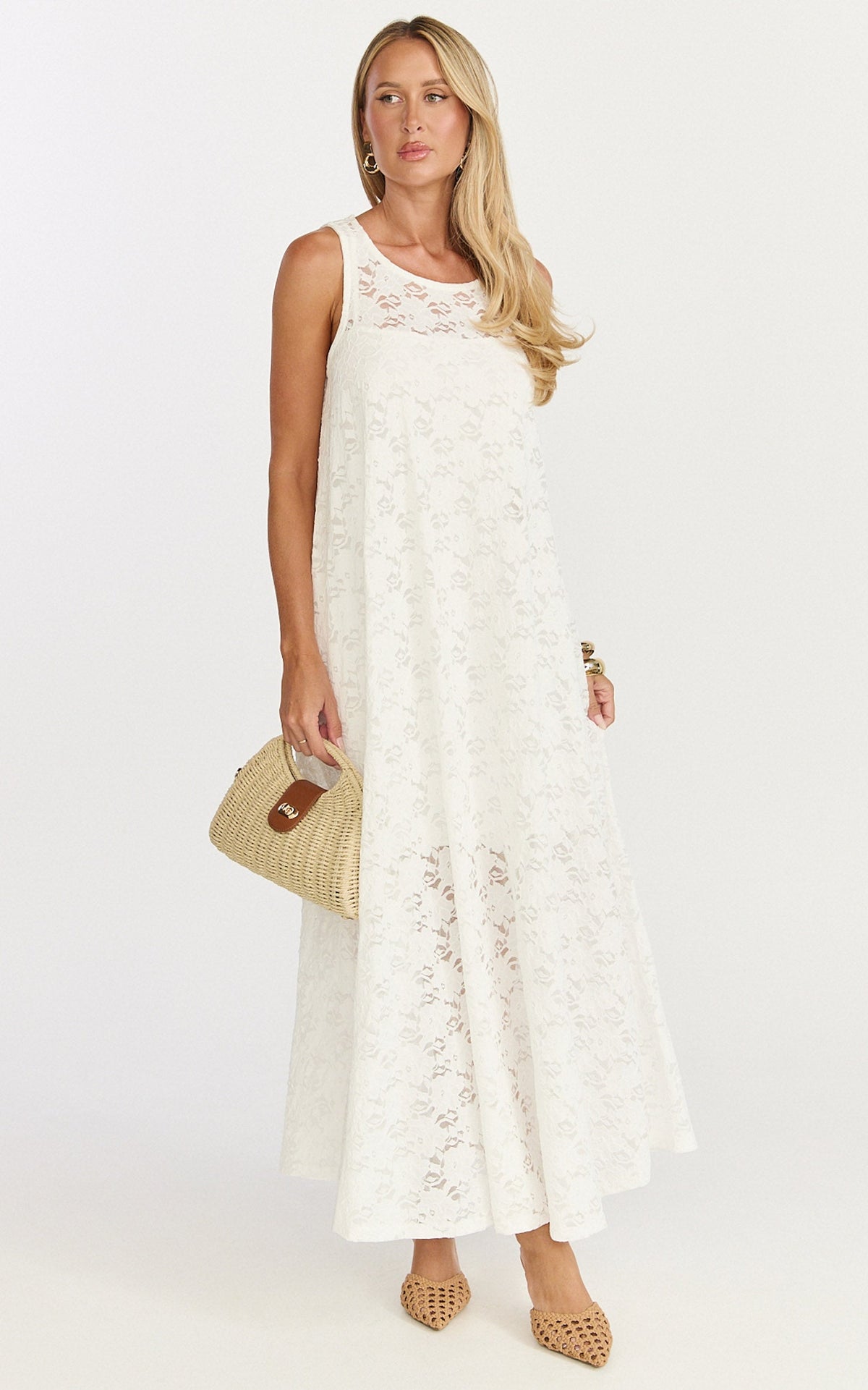 Bella Midi Dress - Lace Shift Dress in Off White