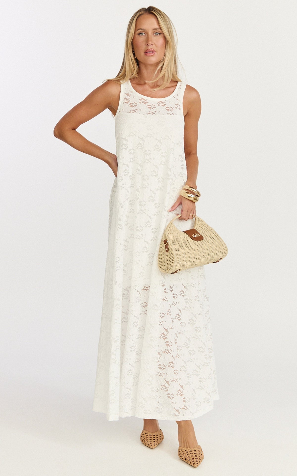 Bella Midi Dress - Lace Shift Dress in Off White