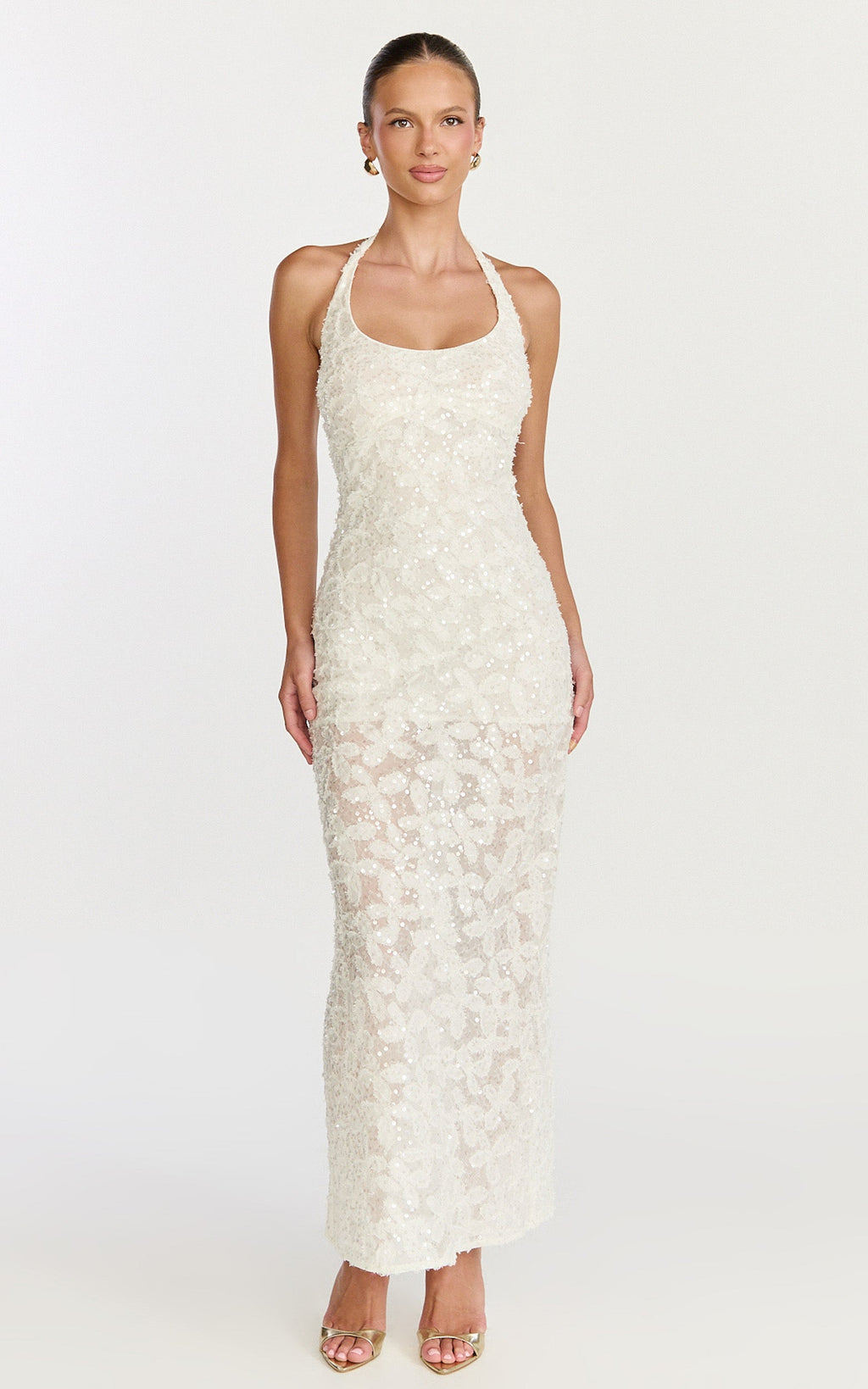 Benny Maxi Dress - Halter Neck Backless Bodycon Dress in Off White